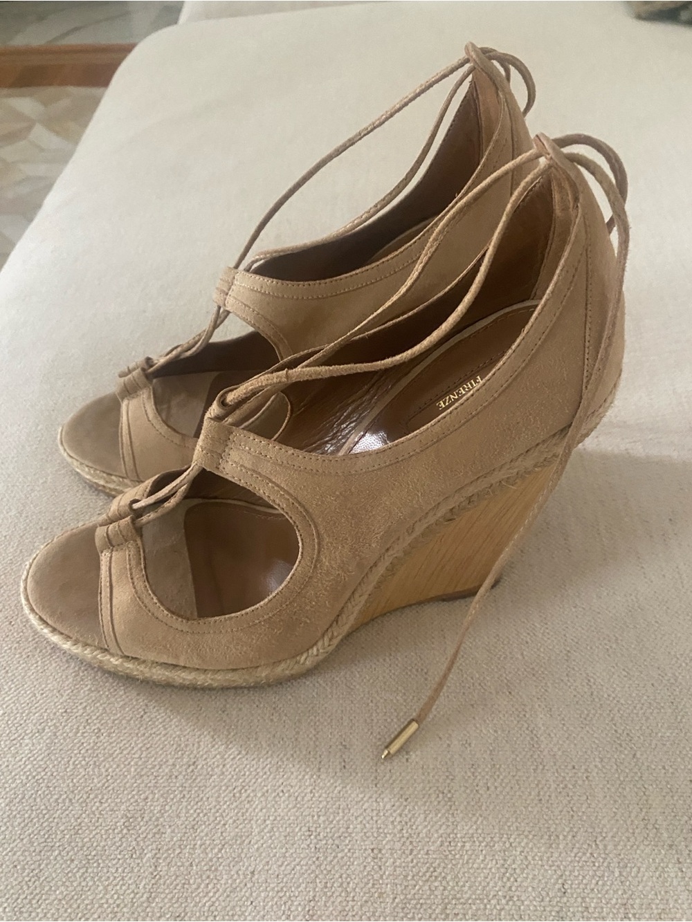 Aquazzura Tan Suede Lace-Up Wedge Sandals